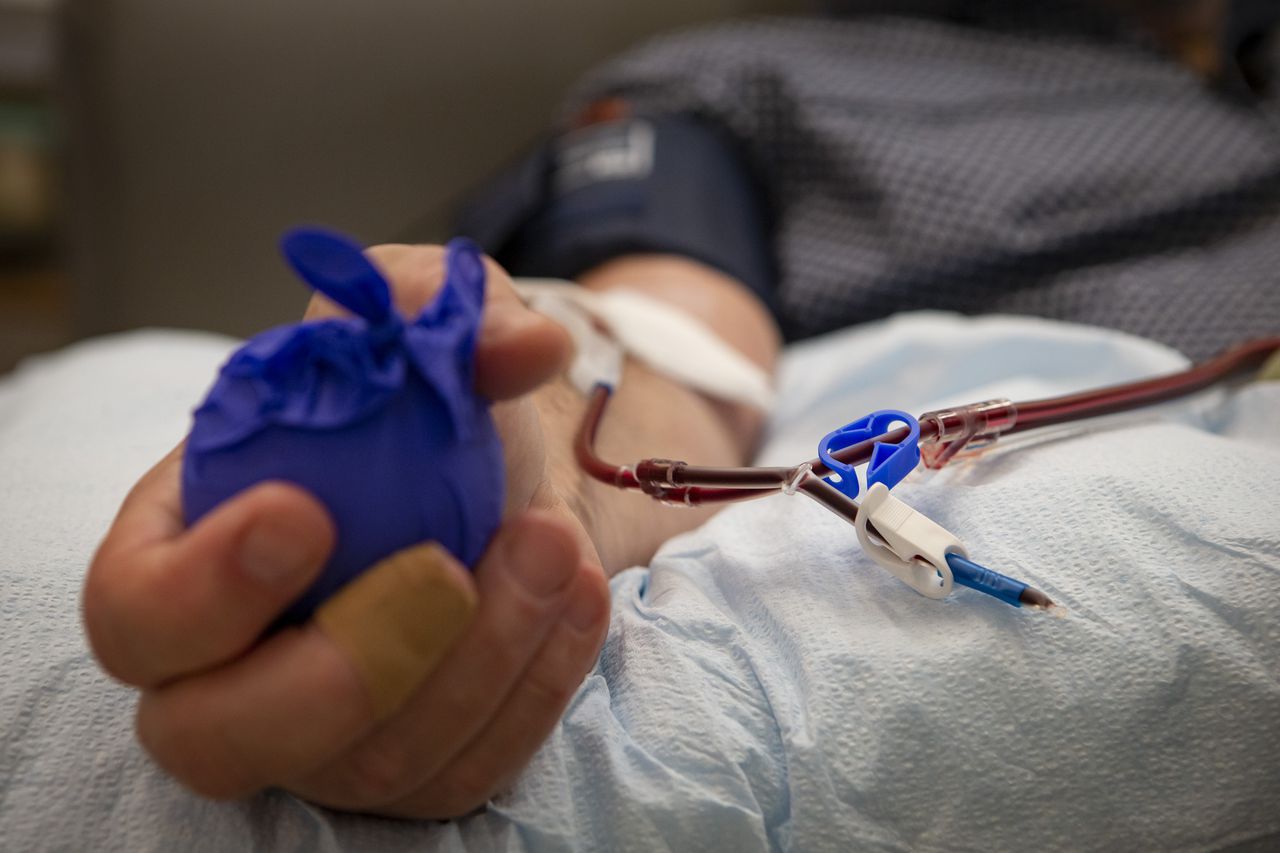 A plastic tube is shown carrying blood from a man's arm as he squeezes a ball in his hand.